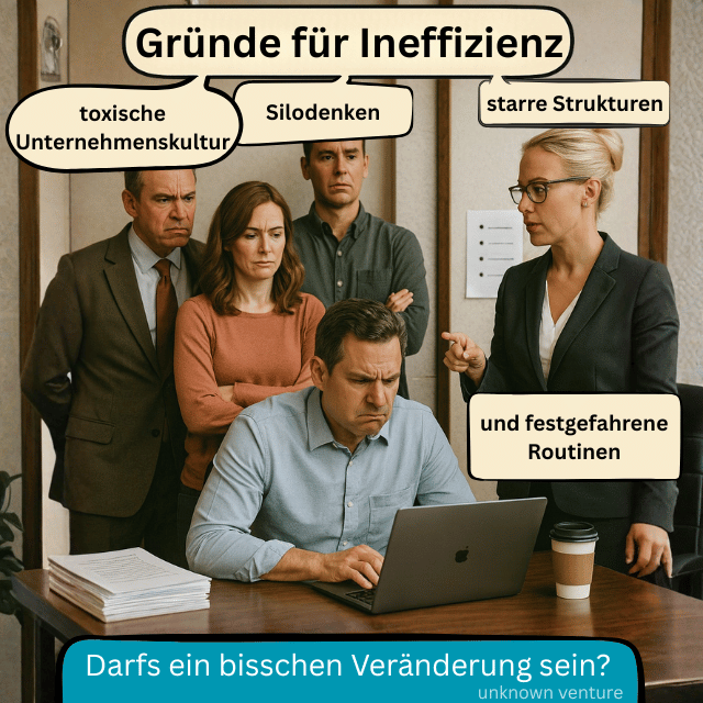 Gründe für Ineffizienz in Unternehmen: toxische Unternehmenskultur, Silodenken, starre Strukturen und festgefahrene Routinen (Illustration). Darum braucht es Corporate Innovation Beratung